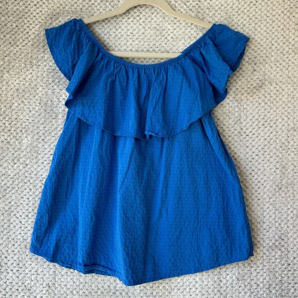 Michelle McDowell Top L Blue Textured Cotton Olivia Havelock Off-the Shoulder - Picture 4 of 8